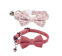 2 Pcs Pink Bow Tie Cat Collar Velvet Bow Kitten Collar Plaid Pet Collars Adjustable Breakaway Dog Collars with Bell