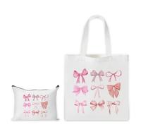 2 Pcs Pink Bows Canvas Tote Bag and Pink Bow Preppy Makeup Bag Set, Cute Coquette Makeup Bag, Reusable and Washable Canvas Grocery Shopping Bag for Women Girls Aesthetic Stuff (with Inner Pocket)
