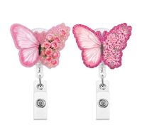 2 Pcs Pink Butterfly Badge Reels Retractable,Glitter Flower Badge Reels Holder ID Name Card Clip,Social Worker Badge Reel Buddy for RN ER CNA MA OB NICU Nurses Doctors Medical Social Workers