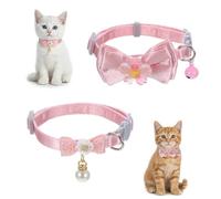 2 Pcs Pink Cat Collar Bow, Adjustable Comfortable Pearl Cat Collar with Bow Cute Collars for Girl Cats Breakaway Kitten Accessories with Safety Buckle for Preventing Cats From Get Lost