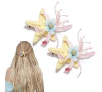 2 Pcs Pink Flowers Starfish Hair Clips, Mermaid Princess Duck Bill Clips Hair Accessories Summer Oceans Hairwear for Women Styling Tools Vacation Party Headpiece Decoration