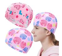 2 Pcs Pink Kids Swimming Cap 6-14,Long Hair Girls Swimming Hat,Flexible Polyester Fibre Waterproof Fabric Swim Hat,Pink Shell Floral Unicorn Theme Fabric,for Girl Childs Toddler
