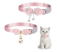 2 PCS Pink Kitten Collar, Adjustable Cat Collar Breakaway with Bow, Cute Cat Collars for Girl Cats with Pearl Pendant, Pink Breakaway Cats Collars