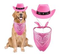 2 Pcs Pink Outfit Set with Bandana, Dog Cowboy Hat, Western Costume for Dogs, Fun Cowboy Theme Party Accessories, Fashionable Pet Clothing for Photos and Special Occasions