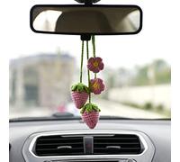 2 PCS Pink Strawberry Car Interior Rear View Mirror Ornament Hanging Accessories, Knitted Fruit Interior Mirror Decorations, Handmade Aesthetic Decor Crochet Plant