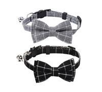 2 Pcs Plaid Bow Tie Cat Collar Adjustable Pet Bowtie Collars Cute Quick Release Kitten Collar Breakaway Cat Neck Bow Small Pet Safety Buckle Collars with Bells Black Grey
