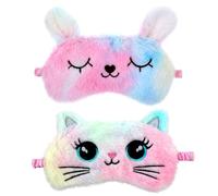 2 Pcs Plush Eye Mask Soft Sleeping Blindfold Eye Cover Comfortable Cute Animal Sleeping Mask Satin Nap Night Eyeshade Cover for Women Men Gift (Multicolor, Cat&Rabbit Style)