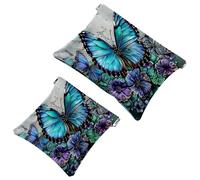 2 Pcs Pocket Cosmetic Bag, Bule Purple Butterfly Self-Closing Shrapnel Makeup Bag No Zipper Small Makeup Pouch for Mini Travel Storage for Cosmetics Headphones Jewelry Organizer