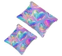 2 Pcs Pocket Cosmetic Bag, Colorful Rainbow Love Hearts Self-Closing Shrapnel Makeup Bag No Zipper Small Makeup Pouch for Mini Travel Storage for Cosmetics Headphones Jewelry Organizer