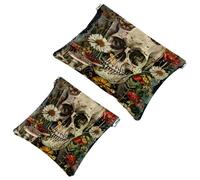 2 Pcs Pocket Cosmetic Bag, Daisy Butterfly Sugar Skull Self-Closing Shrapnel Makeup Bag No Zipper Small Makeup Pouch for Mini Travel Storage for Cosmetics Headphones Jewelry Organizer