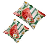 2 Pcs Pocket Cosmetic Bag, Daisy Flowers Watermelon Stripe Self-Closing Shrapnel Makeup Bag No Zipper Small Makeup Pouch for Mini Travel Storage for Cosmetics Headphones Jewelry Organizer