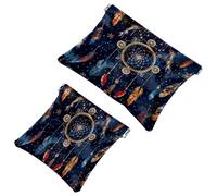 2 Pcs Pocket Cosmetic Bag, Dreamcatcher Feather Pattern Self-Closing Shrapnel Makeup Bag No Zipper Small Makeup Pouch for Mini Travel Storage for for Cosmetics Headphones Jewelry Organizer