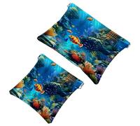 2 Pcs Pocket Cosmetic Bag, Fantastic Painting Underwater World Self-Closing Shrapnel Makeup Bag No Zipper Small Makeup Pouch for Mini Travel Storage for for Cosmetics Headphones Jewelry Organizer