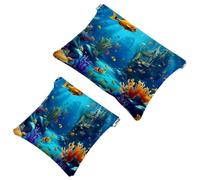 2 Pcs Pocket Cosmetic Bag, Fantastic Underwater World Fish Self-Closing Shrapnel Makeup Bag No Zipper Small Makeup Pouch for Mini Travel Storage for for Cosmetics Headphones Jewelry Organizer