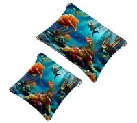 2 Pcs Pocket Cosmetic Bag, Fantastic Underwater World Painting Self-Closing Shrapnel Makeup Bag No Zipper Small Makeup Pouch for Mini Travel Storage for for Cosmetics Headphones Jewelry Organizer
