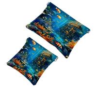 2 Pcs Pocket Cosmetic Bag, Fantastic Underwater World Self-Closing Shrapnel Makeup Bag No Zipper Small Makeup Pouch for Mini Travel Storage for for Cosmetics Headphones Jewelry Organizer