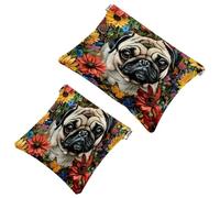 2 Pcs Pocket Cosmetic Bag, Flower Butterflies Pug Dog Self-Closing Shrapnel Makeup Bag No Zipper Small Makeup Pouch for Mini Travel Storage for for Cosmetics Headphones Jewelry Organizer