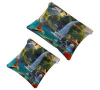 2 Pcs Pocket Cosmetic Bag, Flying Parrots Dolphins Waterfall Self-Closing Shrapnel Makeup Bag No Zipper Small Makeup Pouch for Mini Travel Storage for Cosmetics Headphones Jewelry Organizer