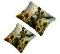 2 Pcs Pocket Cosmetic Bag, Funny Donkey Sunflower Self-Closing Shrapnel Makeup Bag No Zipper Small Makeup Pouch for Mini Travel Storage for Cosmetics Headphones Jewelry Organizer