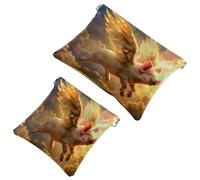 2 Pcs Pocket Cosmetic Bag, Golden Wings Pig Flying Self-Closing Shrapnel Makeup Bag No Zipper Small Makeup Pouch for Mini Travel Storage for Cosmetics Headphones Jewelry Organizer