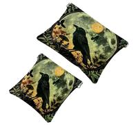 2 Pcs Pocket Cosmetic Bag, Moon Crow Moth Flowers Self-Closing Shrapnel Makeup Bag No Zipper Small Makeup Pouch for Mini Travel Storage for Cosmetics Headphones Jewelry Organizer