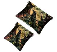 2 Pcs Pocket Cosmetic Bag, Moon Crow Nature Flowers Self-Closing Shrapnel Makeup Bag No Zipper Small Makeup Pouch for Mini Travel Storage for Cosmetics Headphones Jewelry Organizer