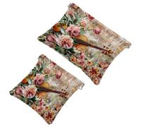 2 Pcs Pocket Cosmetic Bag, Musical Flowers Music Notes Self-Closing Shrapnel Makeup Bag No Zipper Small Makeup Pouch for Mini Travel Storage for Cosmetics Headphones Jewelry Organizer
