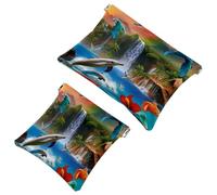 2 Pcs Pocket Cosmetic Bag, Parrots Dolphins and Waterfall Self-Closing Shrapnel Makeup Bag No Zipper Small Makeup Pouch for Mini Travel Storage for Cosmetics Headphones Jewelry Organizer
