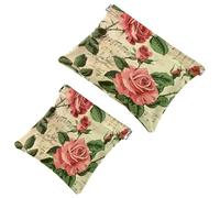 2 Pcs Pocket Cosmetic Bag, Pinkling Rose Flower Music Notes Pattern Self-Closing Shrapnel Makeup Bag No Zipper Small Makeup Pouch for Mini Travel Storage for Cosmetics Headphones Jewelry Organizer