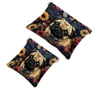 2 Pcs Pocket Cosmetic Bag, Pug Dog Flower Butterflies Self-Closing Shrapnel Makeup Bag No Zipper Small Makeup Pouch for Mini Travel Storage for for Cosmetics Headphones Jewelry Organizer