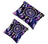 2 Pcs Pocket Cosmetic Bag, Purple Dreamcatcher Feather Pattern Self-Closing Shrapnel Makeup Bag No Zipper Small Makeup Pouch for Mini Travel Storage for for Cosmetics Headphones Jewelry Organizer