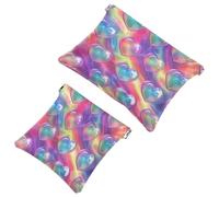 2 Pcs Pocket Cosmetic Bag, Rainbow Love Hearts Self-Closing Shrapnel Makeup Bag No Zipper Small Makeup Pouch for Mini Travel Storage for Cosmetics Headphones Jewelry Organizer