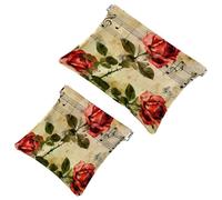 2 Pcs Pocket Cosmetic Bag, Red Rose Flower Music Notes Pattern Self-Closing Shrapnel Makeup Bag No Zipper Small Makeup Pouch for Mini Travel Storage for Cosmetics Headphones Jewelry Organizer