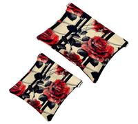 2 Pcs Pocket Cosmetic Bag, Red Roses Lines Pattern Self-Closing Shrapnel Makeup Bag No Zipper Small Makeup Pouch for Mini Travel Storage for Cosmetics Headphones Jewelry Organizer