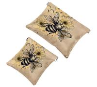 2 Pcs Pocket Cosmetic Bag, Retro Honey Bee Floral Self-Closing Shrapnel Makeup Bag No Zipper Small Makeup Pouch for Mini Travel Storage for for Cosmetics Headphones Jewelry Organizer