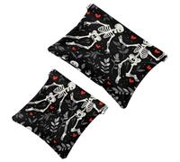 2 Pcs Pocket Cosmetic Bag, Skeletons Dancing Love Hearts Pattern Self-Closing Shrapnel Makeup Bag No Zipper Small Makeup Pouch for Mini Travel Storage for Cosmetics Headphones Jewelry Organizer