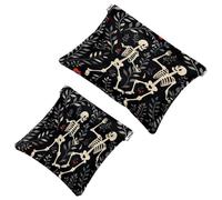 2 Pcs Pocket Cosmetic Bag, Skeletons Dancing Love Hearts Self-Closing Shrapnel Makeup Bag No Zipper Small Makeup Pouch for Mini Travel Storage for Cosmetics Headphones Jewelry Organizer