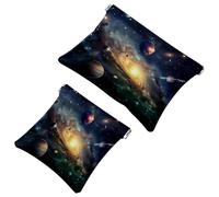 2 Pcs Pocket Cosmetic Bag, Solar System Galaxy Astronomy Universe Self-Closing Shrapnel Makeup Bag No Zipper Small Makeup Pouch for Mini Travel Storage for Cosmetics Headphones Jewelry Organizer