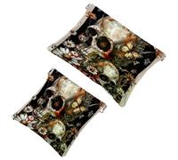 2 Pcs Pocket Cosmetic Bag, Sugar Skull Daisy Butterfly Self-Closing Shrapnel Makeup Bag No Zipper Small Makeup Pouch for Mini Travel Storage for Cosmetics Headphones Jewelry Organizer