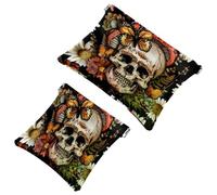 2 Pcs Pocket Cosmetic Bag, Sugar Skull Daisy Flowers Self-Closing Shrapnel Makeup Bag No Zipper Small Makeup Pouch for Mini Travel Storage for Cosmetics Headphones Jewelry Organizer