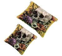 2 Pcs Pocket Cosmetic Bag, Sugar Skull Flower Self-Closing Shrapnel Makeup Bag No Zipper Small Makeup Pouch for Mini Travel Storage for Cosmetics Headphones Jewelry Organizer