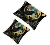 2 Pcs Pocket Cosmetic Bag, Sun Moon Black Crow Self-Closing Shrapnel Makeup Bag No Zipper Small Makeup Pouch for Mini Travel Storage for Cosmetics Headphones Jewelry Organizer