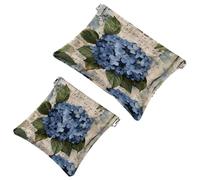 2 Pcs Pocket Cosmetic Bag, Vintage Hydrangeas Flowers Music Notes Self-Closing Shrapnel Makeup Bag No Zipper Small Makeup Pouch for Mini Travel Storage for Cosmetics Headphones Jewelry Organizer