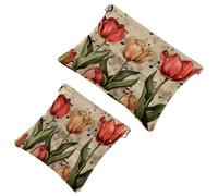 2 Pcs Pocket Cosmetic Bag, Vintage Music Note Tulip Flower Pattern Self-Closing Shrapnel Makeup Bag No Zipper Small Makeup Pouch for Mini Travel Storage for Cosmetics Headphones Jewelry Organizer
