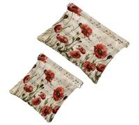 2 Pcs Pocket Cosmetic Bag, Vintage Music Notes Poppy Flowers Pattern Self-Closing Shrapnel Makeup Bag No Zipper Small Makeup Pouch for Mini Travel Storage for Cosmetics Headphones Jewelry Organizer