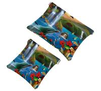 2 Pcs Pocket Cosmetic Bag, Waterfall and Parrots Dolphins Self-Closing Shrapnel Makeup Bag No Zipper Small Makeup Pouch for Mini Travel Storage for Cosmetics Headphones Jewelry Organizer