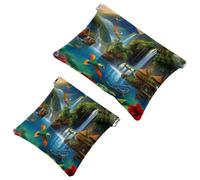 2 Pcs Pocket Cosmetic Bag, Waterfall Parrots Dolphins Self-Closing Shrapnel Makeup Bag No Zipper Small Makeup Pouch for Mini Travel Storage for Cosmetics Headphones Jewelry Organizer