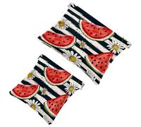 2 Pcs Pocket Cosmetic Bag, Watermelon Daisy Flowers Stripe Pattern Self-Closing Shrapnel Makeup Bag No Zipper Small Makeup Pouch for Mini Travel Storage for Cosmetics Headphones Jewelry Organizer