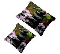 2 Pcs Pocket Cosmetic Bag, Zen Basalt Stone and Orchid Self-Closing Shrapnel Makeup Bag No Zipper Small Makeup Pouch for Mini Travel Storage for Cosmetics Headphones Jewelry Organizer