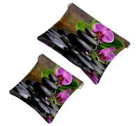 2 Pcs Pocket Cosmetic Bag, Zen Basalt Stone Orchid Self-Closing Shrapnel Makeup Bag No Zipper Small Makeup Pouch for Mini Travel Storage for Cosmetics Headphones Jewelry Organizer